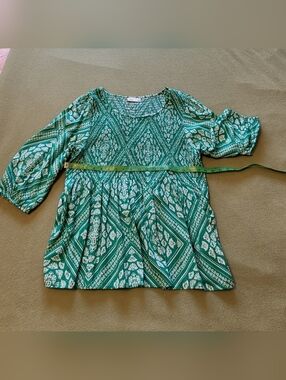 Green Patterned Peasant Blouse